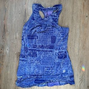 Blue lulu tank, writing and graphics